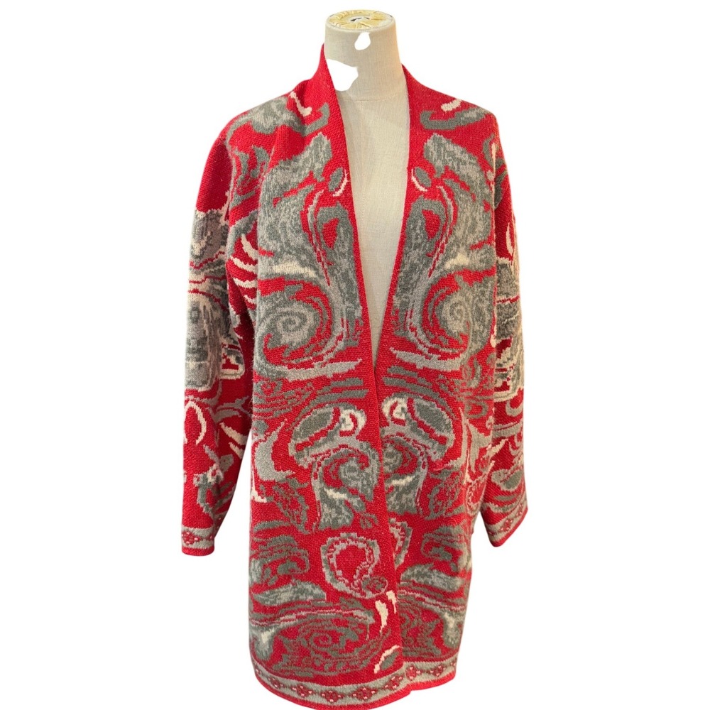 Maxsport Womens Large Red Gray Paisley Intarsia Knit Open Front Cardigan Sweater